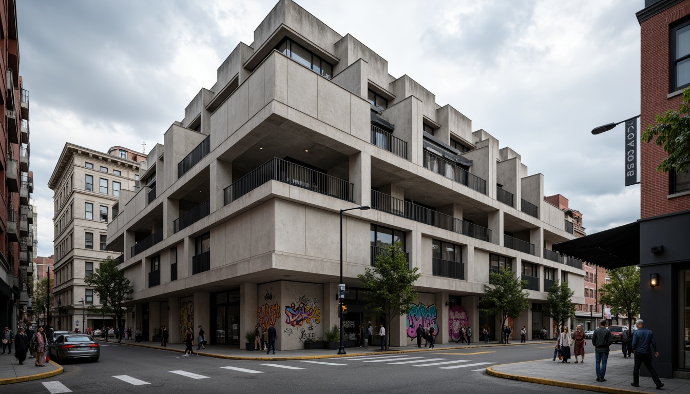 Prompt: Rugged community center, brutalist architecture, raw concrete walls, fortress-like structure, angular lines, geometric shapes, industrial materials, metal beams, exposed ductwork, urban landscape, city streets, graffiti art, street lamps, cloudy sky, dramatic lighting, high contrast, 1/1 composition, symmetrical framing, gritty textures, ambient occlusion.