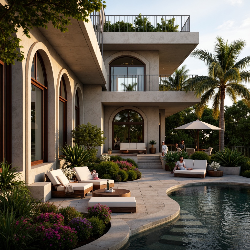 Prompt: Luxurious villa, Art Deco style, ornate metalwork, curved lines, geometric patterns, lavish furnishings, plush outdoor seating, vibrant tropical plants, exotic flowers, tranquil water features, sparkling fountains, warm golden lighting, soft evening ambiance, shallow depth of field, 1/1 composition, symmetrical framing, realistic textures, ambient occlusion.