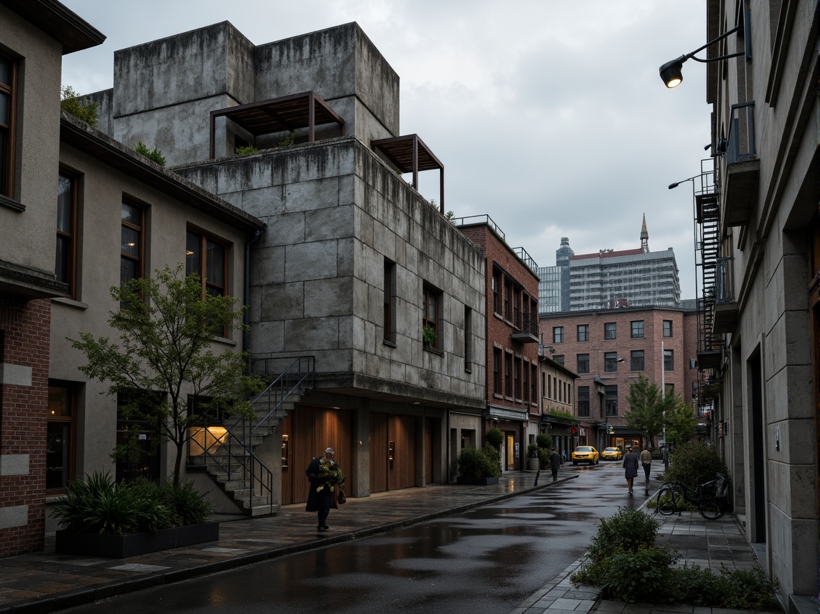 Prompt: Rough concrete walls, exposed ductwork, industrial metal beams, raw brick facades, weathered stone surfaces, distressed wood accents, brutalist monumentality, fortress-like structures, urban cityscape, overcast skies, dramatic shadows, high-contrast lighting, cinematic composition, gritty realistic textures, ambient occlusion.