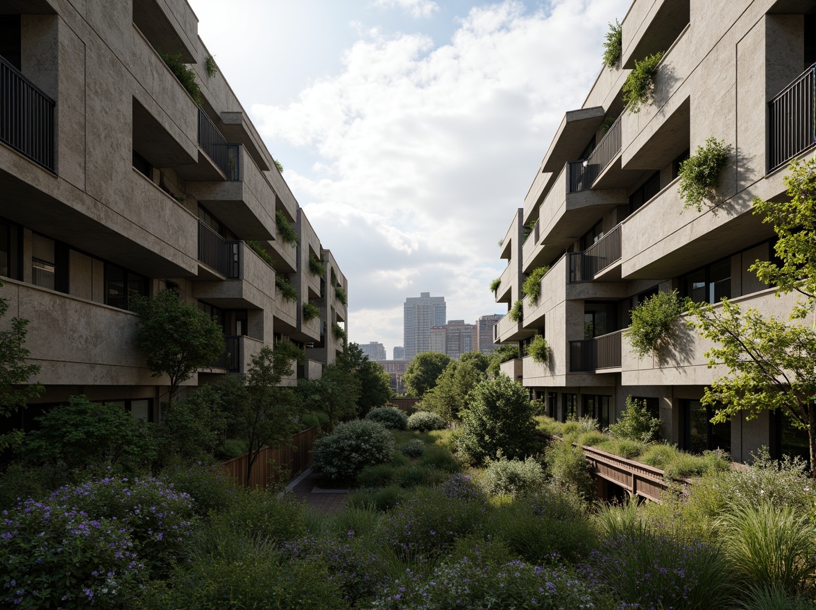 Prompt: Rugged brutalist buildings, raw concrete textures, fortress-like structures, overgrown vegetation, wildflowers, moss-covered walls, weathered steel beams, industrial materials, urban landscape integration, cityscape views, elevated walkways, cantilevered sections, dramatic shadows, harsh natural light, 1/1 composition, symmetrical framing, gritty realistic renderings, ambient occlusion.