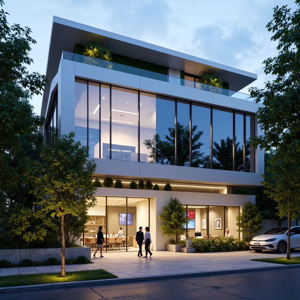 Prompt: Modern dental clinic facade, sleek glass surfaces, minimalist metal frames, subtle LED lighting, calming green walls, natural stone accents, geometric patterns, futuristic curves, cantilevered rooflines, floor-to-ceiling windows, transparent doors, airy open spaces, soft warm ambiance, shallow depth of field, 3/4 composition, panoramic view, realistic textures, ambient occlusion.