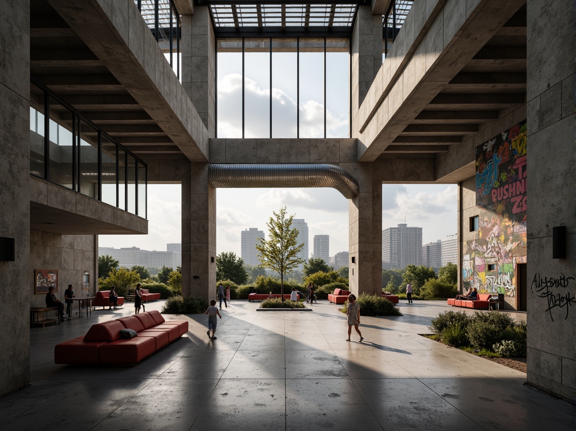 Prompt: Rugged community center, brutalist architecture, raw concrete walls, exposed ductwork, industrial metal beams, natural light pouring in, large skylights, clerestory windows, urban landscape views, gritty cityscape, overcast sky, soft diffused lighting, high contrast shadows, dramatic architectural forms, bold geometric shapes, functional minimalism, communal gathering spaces, reclaimed wood accents, weathered steel features, abstract graffiti art, moody atmospheric tones, cinematic composition, realistic textures, ambient occlusion.