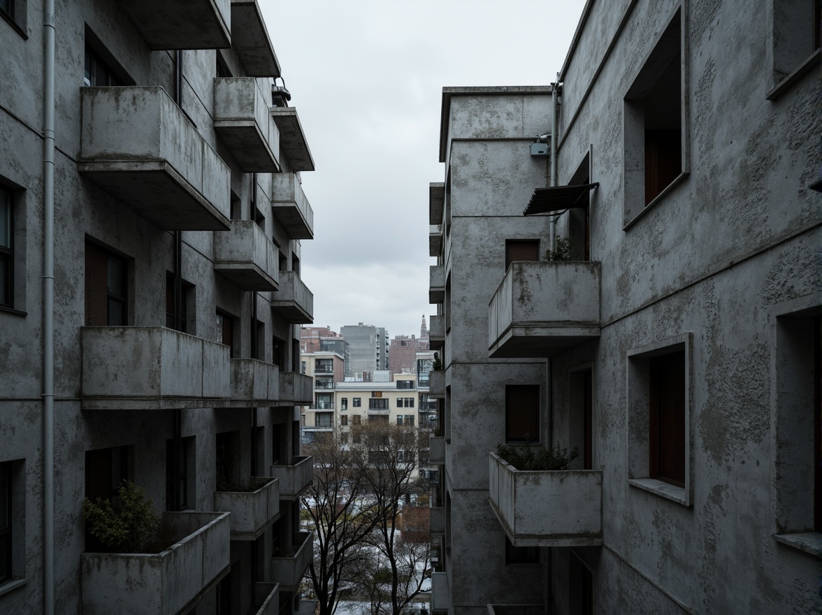 Prompt: Exposed concrete walls, rugged textures, industrial pipes, raw steel beams, minimalist balconies, brutalist architecture, urban cityscape, gloomy overcast sky, dramatic shadows, high-contrast lighting, bold geometric forms, functional simplicity, distressed finishes, poured-in-place concrete, cold monochromatic color palette, 1/1 composition, low-angle shot, cinematic atmosphere, gritty realistic textures.