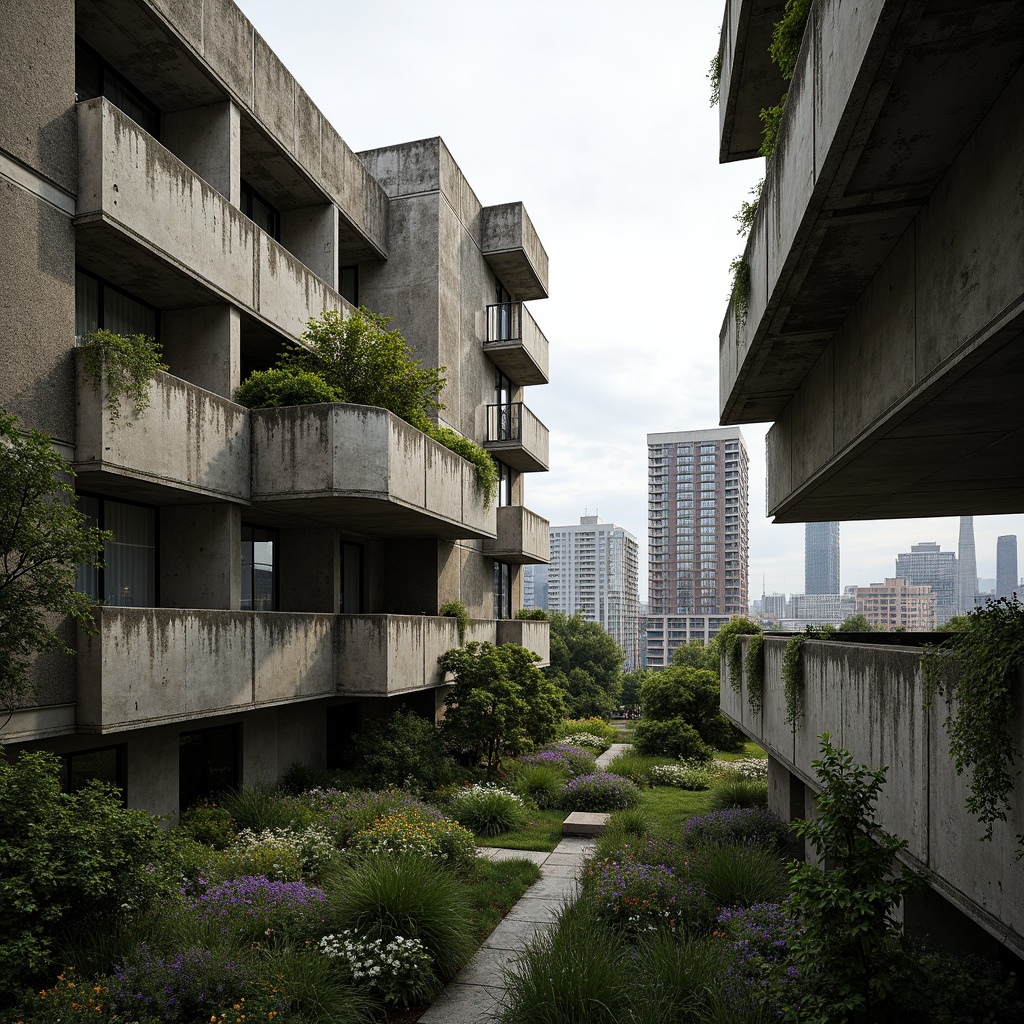 Prompt: Rugged brutalist buildings, raw concrete textures, fortress-like structures, overgrown vegetation, wildflowers, moss-covered walls, weathered steel beams, industrial materials, urban landscape integration, cityscape views, elevated walkways, cantilevered sections, dramatic shadows, harsh natural light, 1/1 composition, symmetrical framing, high-contrast colors, gritty realistic textures, ambient occlusion.