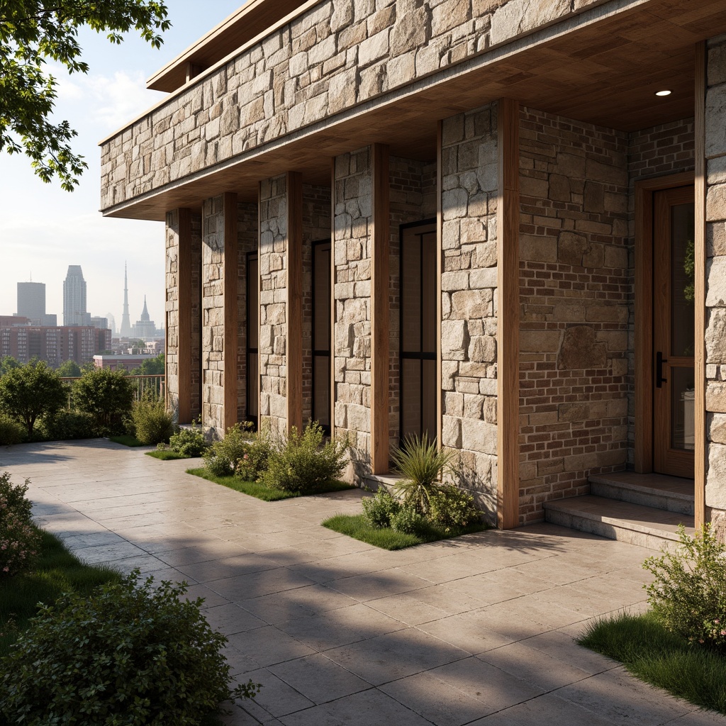 Prompt: Rough stone walls, rustic brick facades, wooden accents, natural wood grain, earthy tones, organic forms, irregular shapes, tactile experiences, 3D modeling, realistic renderings, ambient occlusion, soft warm lighting, shallow depth of field, 2/3 composition, modern architecture, sustainable design, eco-friendly materials, green roofs, living walls, urban landscapes, city skylines, industrial heritage, converted warehouses.