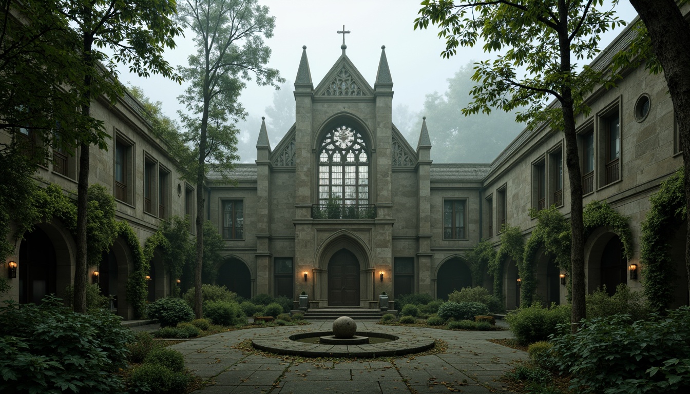 Prompt: Mysterious Gothic cathedral, intricate stone carvings, stained glass windows, grandiose entrance, lush greenery, overgrown vines, misty atmosphere, foggy morning, soft warm lighting, shallow depth of field, 3/4 composition, panoramic view, realistic textures, ambient occlusion, rugged stone walls, moss-covered ruins, ancient trees, twisted branches, mystical fog, eerie silence, abandoned landscape, forgotten history.