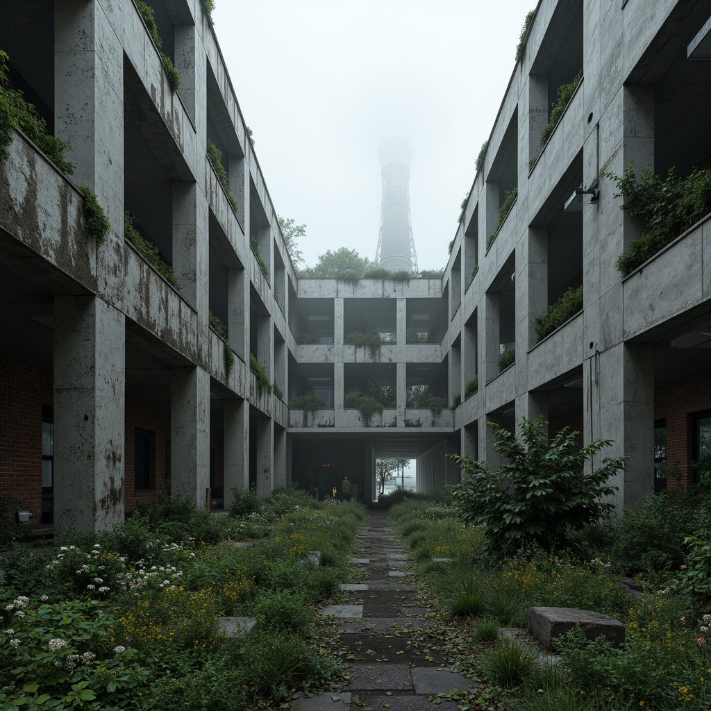 Prompt: Rugged brutalist architecture, raw concrete textures, fortress-like structures, overgrown vegetation, wildflowers, moss-covered walls, industrial landscapes, abandoned factories, crumbling brick facades, distressed metal accents, urban decay, post-apocalyptic atmosphere, dramatic lighting, low-angle shots, cinematic composition, gritty realistic renderings, atmospheric fog effects, misty mornings, eerie silence.