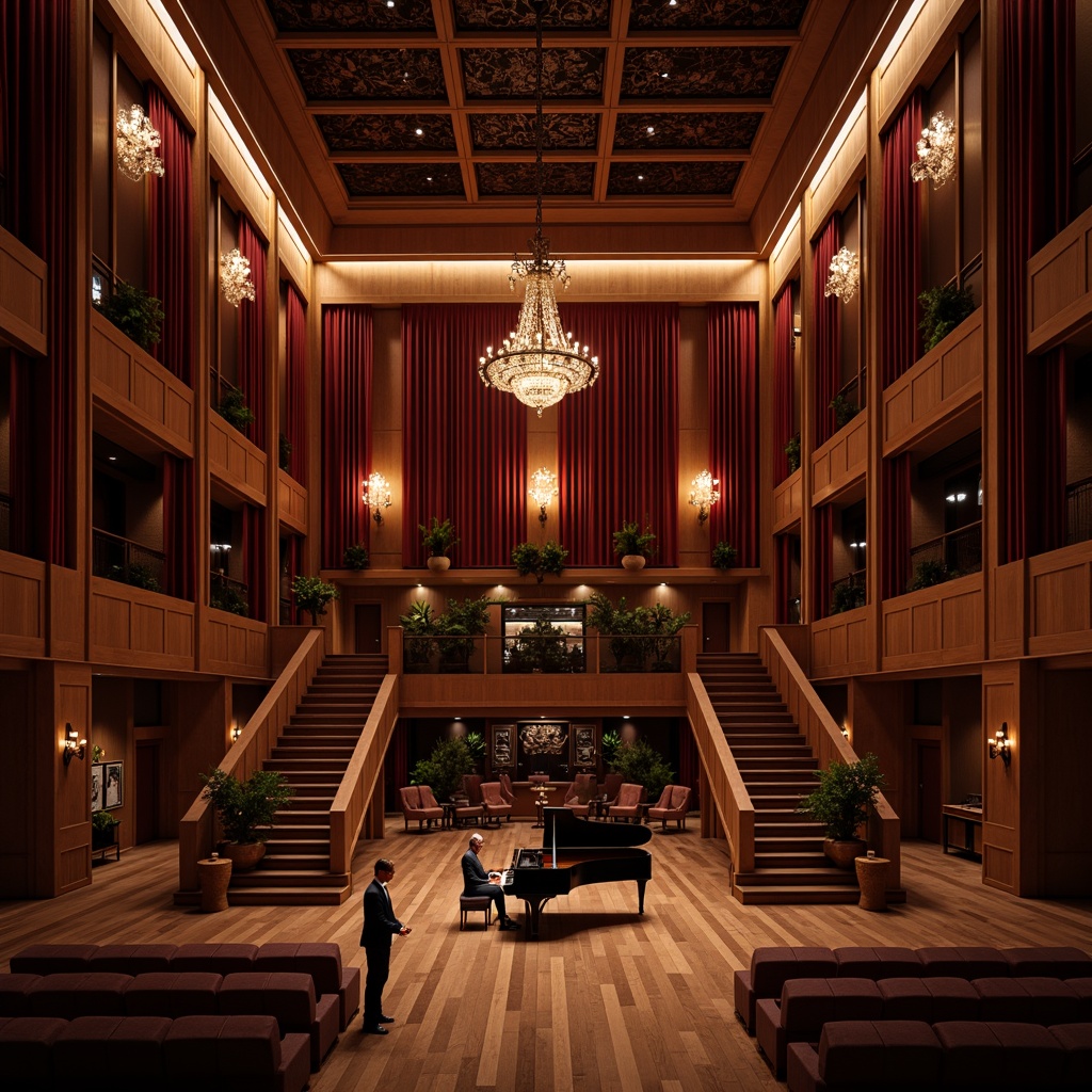 Prompt: Intimate concert hall, rich wood tones, velvet curtains, plush seating, ornate chandeliers, grand pianos, sound-absorbing panels, acoustic diffusers, resonant frequencies, precise speaker placement, optimized room dimensions, reflective surfaces, warm ambient lighting, shallow depth of field, 2/3 composition, realistic textures, subtle color palette.