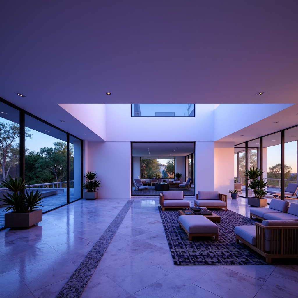 Prompt: Calming atmosphere, soothing blue hues, rich violet accents, modern interior design, spacious open-plan living area, sleek minimalist furniture, polished marble floors, geometric patterned rugs, floor-to-ceiling windows, abundant natural light, soft warm glow, 1/1 composition, shallow depth of field, realistic textures, ambient occlusion.