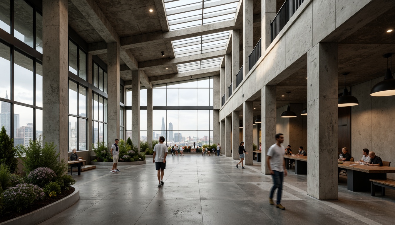 Prompt: Rugged community center, brutalist architecture, raw concrete walls, exposed ductwork, industrial metal beams, natural light pouring in, large skylights, clerestory windows, urban landscape views, gritty cityscape, overcast sky, soft diffused lighting, high contrast shadows, dramatic architectural angles, bold structural elements, minimalist interior design, functional simplicity, communal gathering spaces, reclaimed wood accents, earthy color palette, organic textures, 3/4 composition, cinematic framing, realistic render.