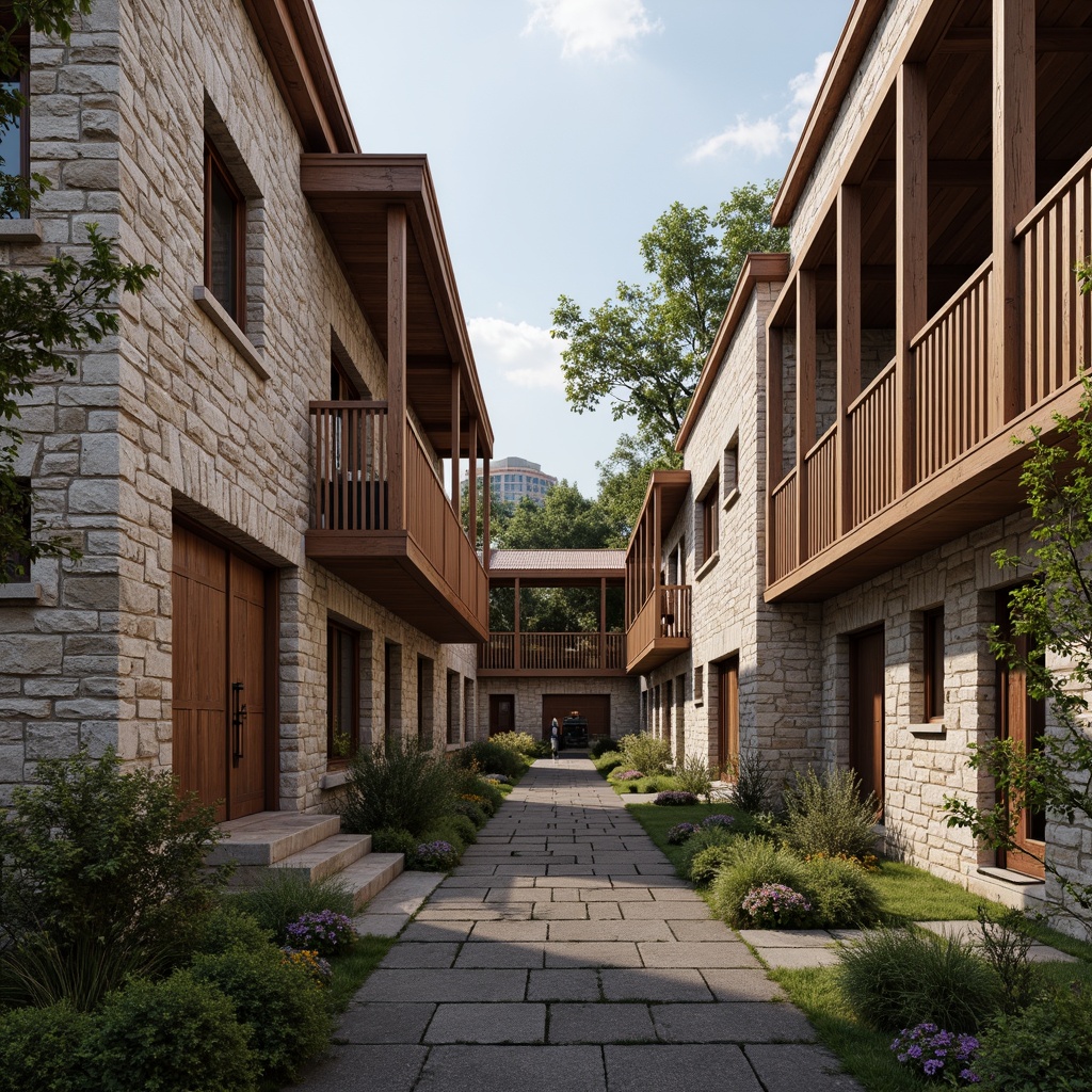 Prompt: Rough stone walls, rustic brick facades, wooden accents, natural wood grain, earthy tones, organic forms, irregular shapes, tactile experiences, 3D modeling, realistic renderings, ambient occlusion, soft warm lighting, shallow depth of field, 2/3 composition, modern architecture, sustainable design, eco-friendly materials, green roofs, living walls, urban landscapes, city skylines, industrial heritage, converted warehouses.