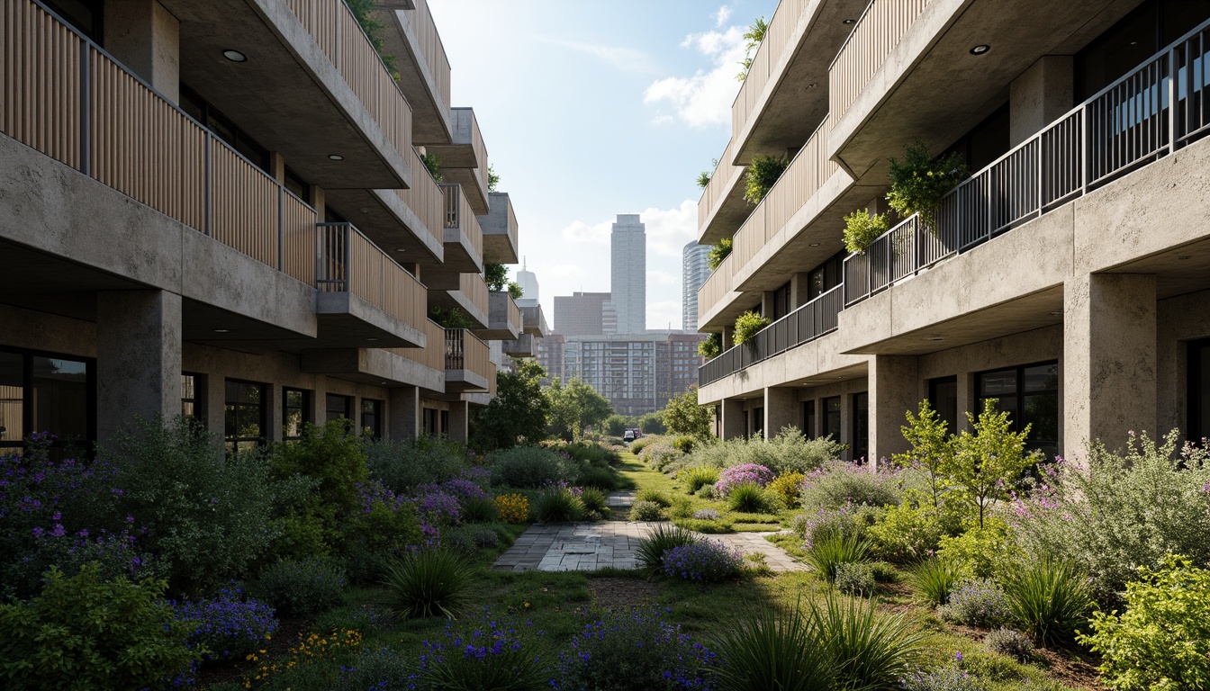 Prompt: Rugged brutalist buildings, raw concrete textures, fortress-like structures, overgrown vegetation, wildflowers, moss-covered walls, weathered steel beams, industrial materials, urban landscape integration, cityscape views, elevated walkways, cantilevered sections, dramatic shadows, harsh natural light, 1/1 composition, symmetrical framing, high-contrast lighting, gritty realistic textures, ambient occlusion.