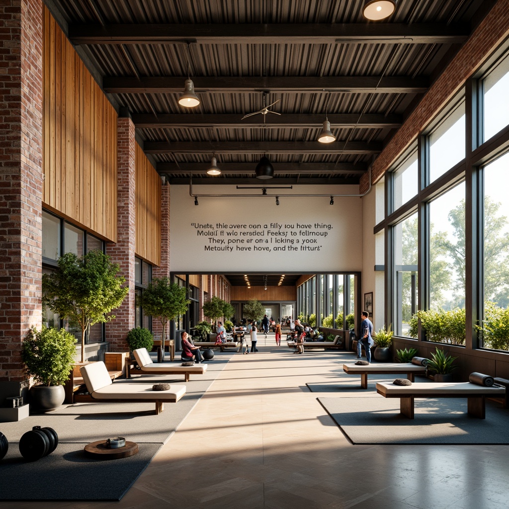 Prompt: Vibrant metabolism-inspired gymnasium, natural light pouring in, industrial-style metal beams, reclaimed wood accents, exposed brick walls, modern fitness equipment, free weights, exercise machines, mirrored walls, motivational quotes, greenery-filled planters, minimalist decor, high ceilings, large windows, soft warm lighting, shallow depth of field, 3/4 composition, panoramic view, realistic textures, ambient occlusion.