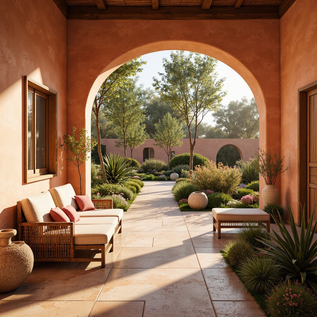 Prompt: Warm apricot hues, soft peach undertones, creamy beige accents, rustic terracotta walls, natural stone flooring, earthy ceramic vases, woven rattan furniture, lush greenery, blooming flowers, sunny afternoon, warm golden lighting, shallow depth of field, 3/4 composition, panoramic view, realistic textures, ambient occlusion.