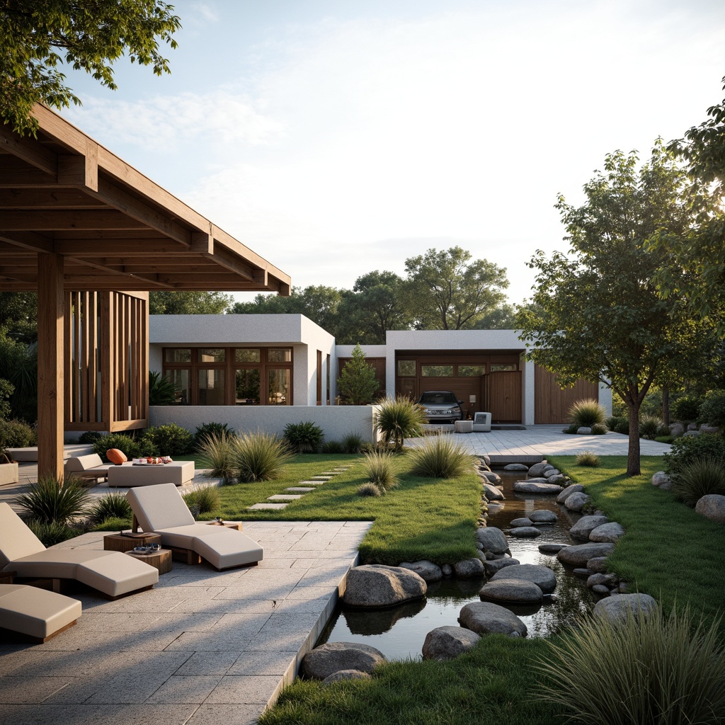 Prompt: Serenely integrated landscape, minimalist architecture, clean lines, simple forms, natural stone walls, wooden accents, lush greenery, subtle water features, peaceful ambiance, warm soft lighting, shallow depth of field, 3/4 composition, panoramic view, realistic textures, ambient occlusion, harmonious color palette, earthy tones, neutral backgrounds, elegant simplicity, understated luxury.