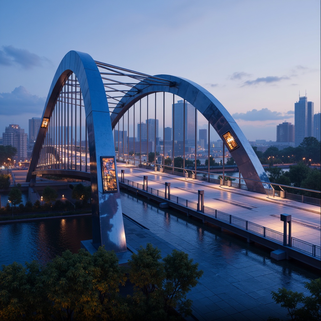 Prompt: Futuristic bridge design, metallic structures, iridescent materials, reflective surfaces, neon-lit accents, glowing lines, sleek curves, minimalist railings, modern urban landscape, cityscape at dusk, vibrant nightlife, misty atmosphere, shallow depth of field, 3/4 composition, panoramic view, realistic textures, ambient occlusion.