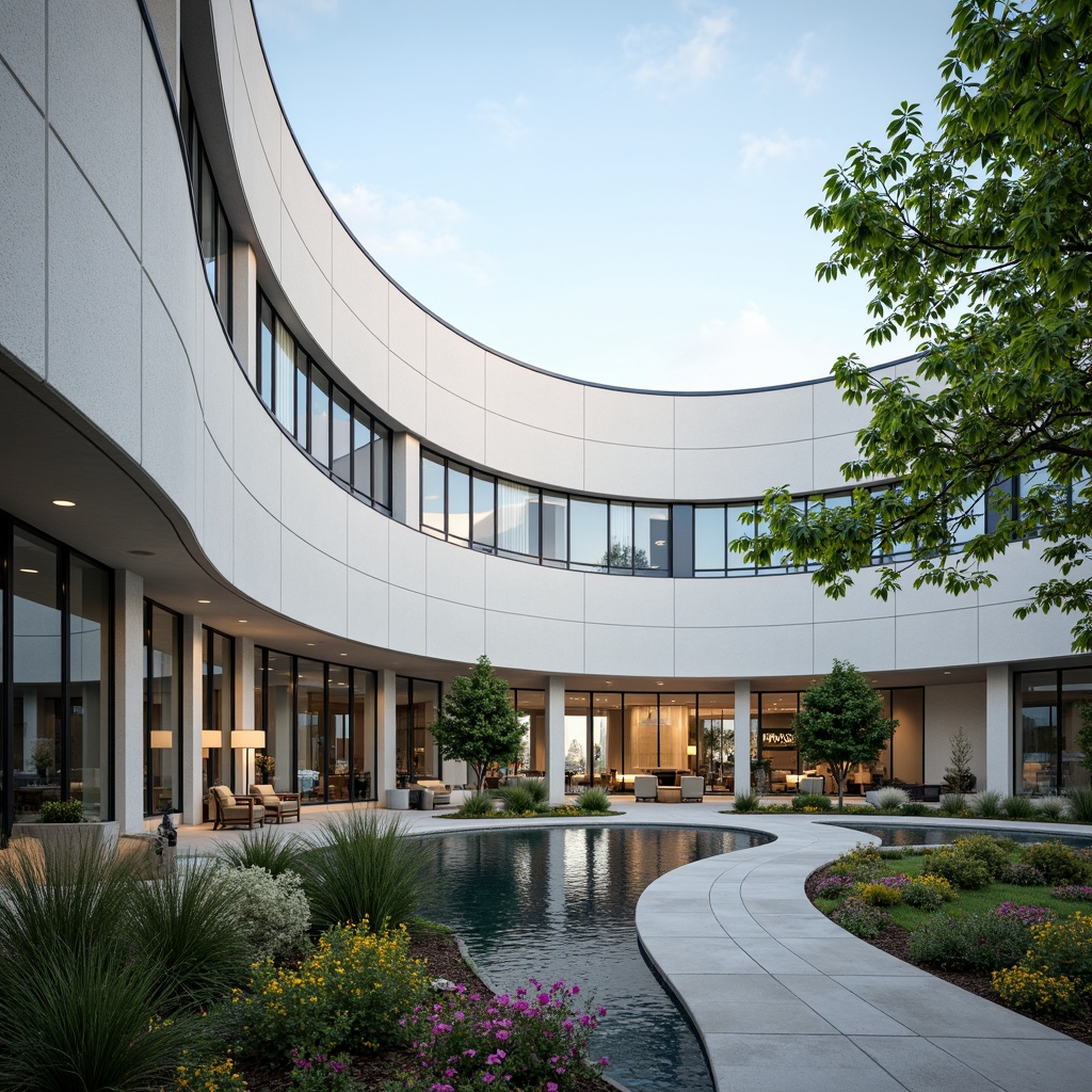 Prompt: Curved hospital facade, streamline moderne architecture, horizontal banding, cantilevered rooflines, rounded corners, minimalist ornamentation, large glass windows, sliding doors, metal frames, polished chrome accents, white stucco walls, subtle texture variations, soft natural lighting, shallow depth of field, 1/1 composition, realistic reflections, ambient occlusion, serene hospital courtyard, lush greenery, vibrant flowers, water feature, seating areas, pedestrian pathways.