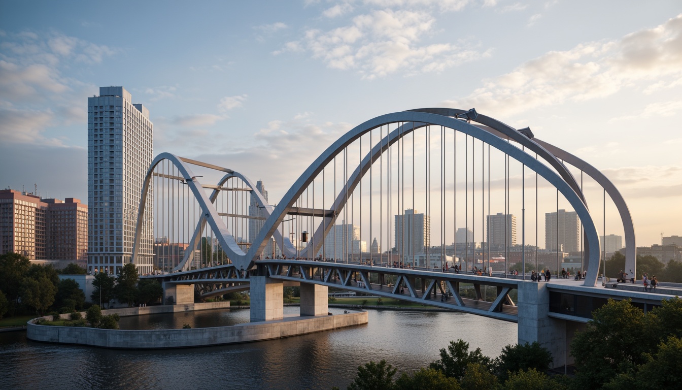 Prompt: Futuristic bridge, sleek metal arches, suspension cables, modern fusion architecture, dynamic curves, angular lines, vibrant LED lighting, urban cityscape, misty morning atmosphere, soft warm glow, shallow depth of field, 1/1 composition, realistic reflections, ambient occlusion, intricate structural details, steel beams, reinforced concrete pillars, cantilevered sections, pedestrian walkways, vehicle traffic lanes, water flow underneath, rippling river waves, lush greenery banks, sunny day, dramatic cloudscape.