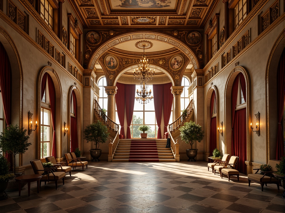 Prompt: Grandiose palace, ornate facades, intricately carved stone decorations, gilded accents, sweeping arches, grand staircases, opulent chandeliers, lavish furnishings, rich velvet drapes, majestic columns, ornamental frescoes, dramatic lighting effects, warm golden tones, highly detailed textures, shallow depth of field, 1/2 composition, symmetrical framing, realistic ambient occlusion.