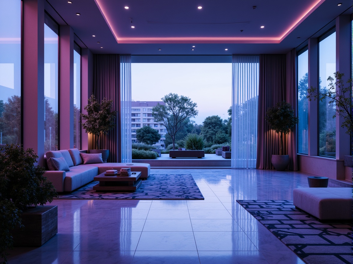 Prompt: Calming atmosphere, soothing blue hues, rich violet accents, modern interior design, spacious open-plan living area, sleek minimalist furniture, polished marble floors, geometric patterned rugs, floor-to-ceiling windows, abundant natural light, soft warm glow, 1/1 composition, shallow depth of field, realistic textures, ambient occlusion.