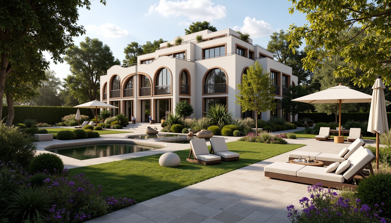 Prompt: Luxurious villa, Art Deco style, ornate facades, curved lines, geometric patterns, lavish gardens, lush greenery, vibrant flowers, tranquil ponds, walking paths, decorative fountains, elegant outdoor furniture, plush cushions, metallic accents, warm lighting, soft shadows, 1/1 composition, symmetrical framing, cinematic atmosphere, realistic textures, ambient occlusion.