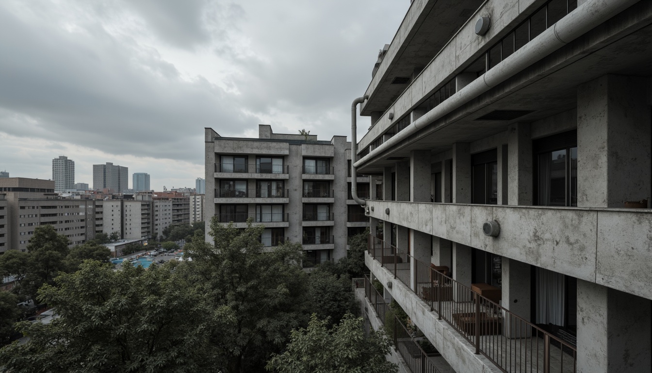 Prompt: Exposed concrete walls, rugged textures, industrial pipes, raw steel beams, minimalist balconies, brutalist architecture, urban cityscape, gloomy overcast sky, dramatic shadows, high-contrast lighting, bold geometric forms, functional simplicity, distressed finishes, poured-in-place concrete, cold monochromatic color palette, 1/1 composition, low-angle shot, cinematic atmosphere, gritty realistic textures.