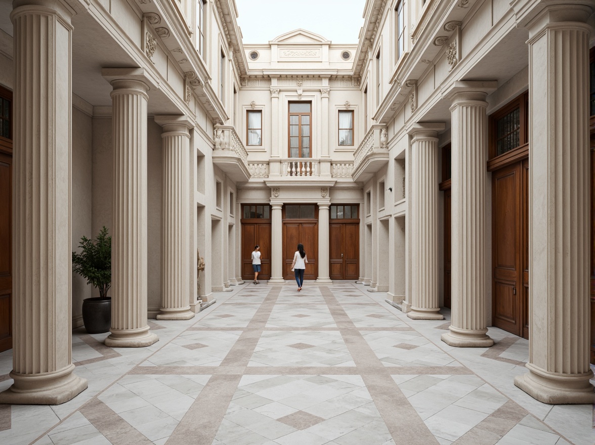 Prompt: Elegant classical buildings, ornate columns, carved stone facades, grand entranceways, symmetrical compositions, neutral color palette, creamy whites, soft grays, warm beiges, rich wood tones, polished marble floors, intricate moldings, decorative cornices, ornamental balustrades, subtle texture variations, natural light illumination, soft shadows, 1/1 composition, realistic renderings, ambient occlusion.