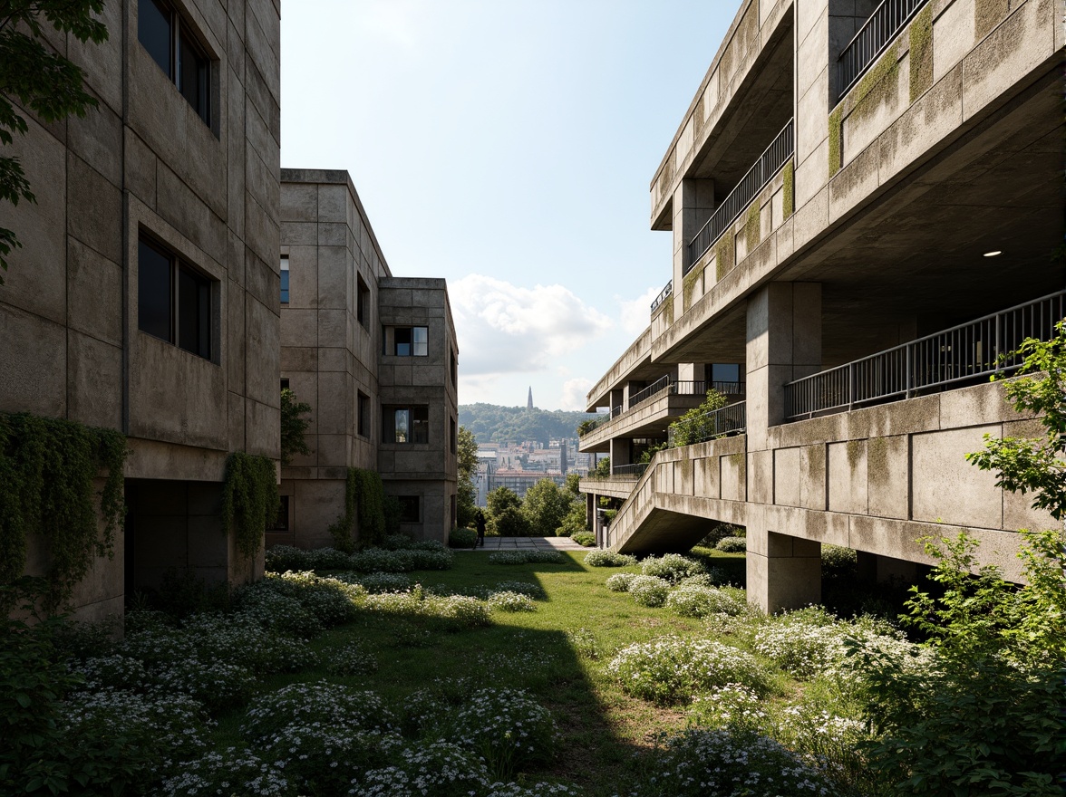 Prompt: Rugged brutalist buildings, raw concrete textures, fortress-like structures, overgrown vegetation, wildflowers, moss-covered walls, weathered steel beams, industrial materials, urban landscape integration, cityscape views, elevated walkways, cantilevered sections, dramatic shadows, harsh natural light, 1/1 composition, symmetrical framing, high-contrast lighting, gritty realistic textures, ambient occlusion.