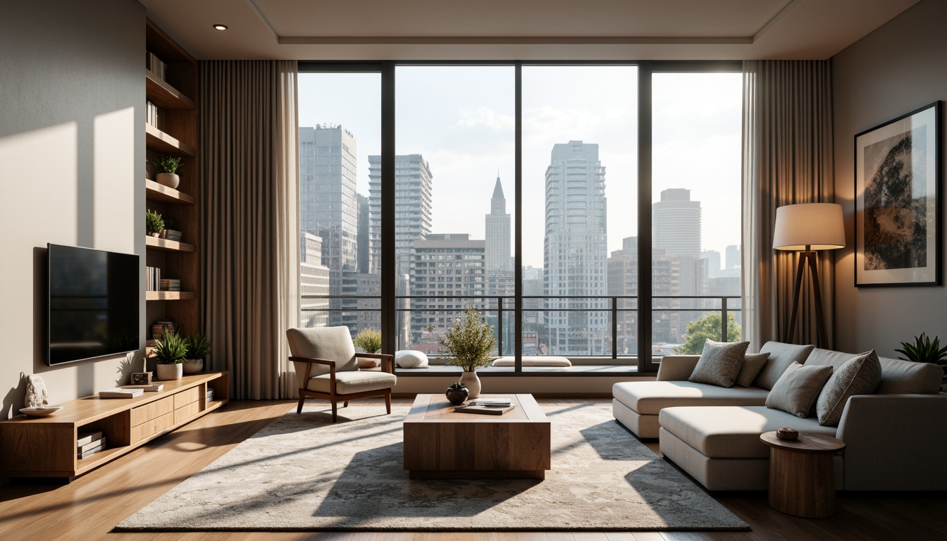 Prompt: Modern living room, sleek minimalist furniture, neutral color palette, textured rugs, floor-to-ceiling windows, natural light pouring in, urban cityscape views, cozy reading nook, built-in shelving units, geometric patterned wallpaper, ambient warm lighting, 1/1 composition, shallow depth of field, realistic textures, soft focus blur.