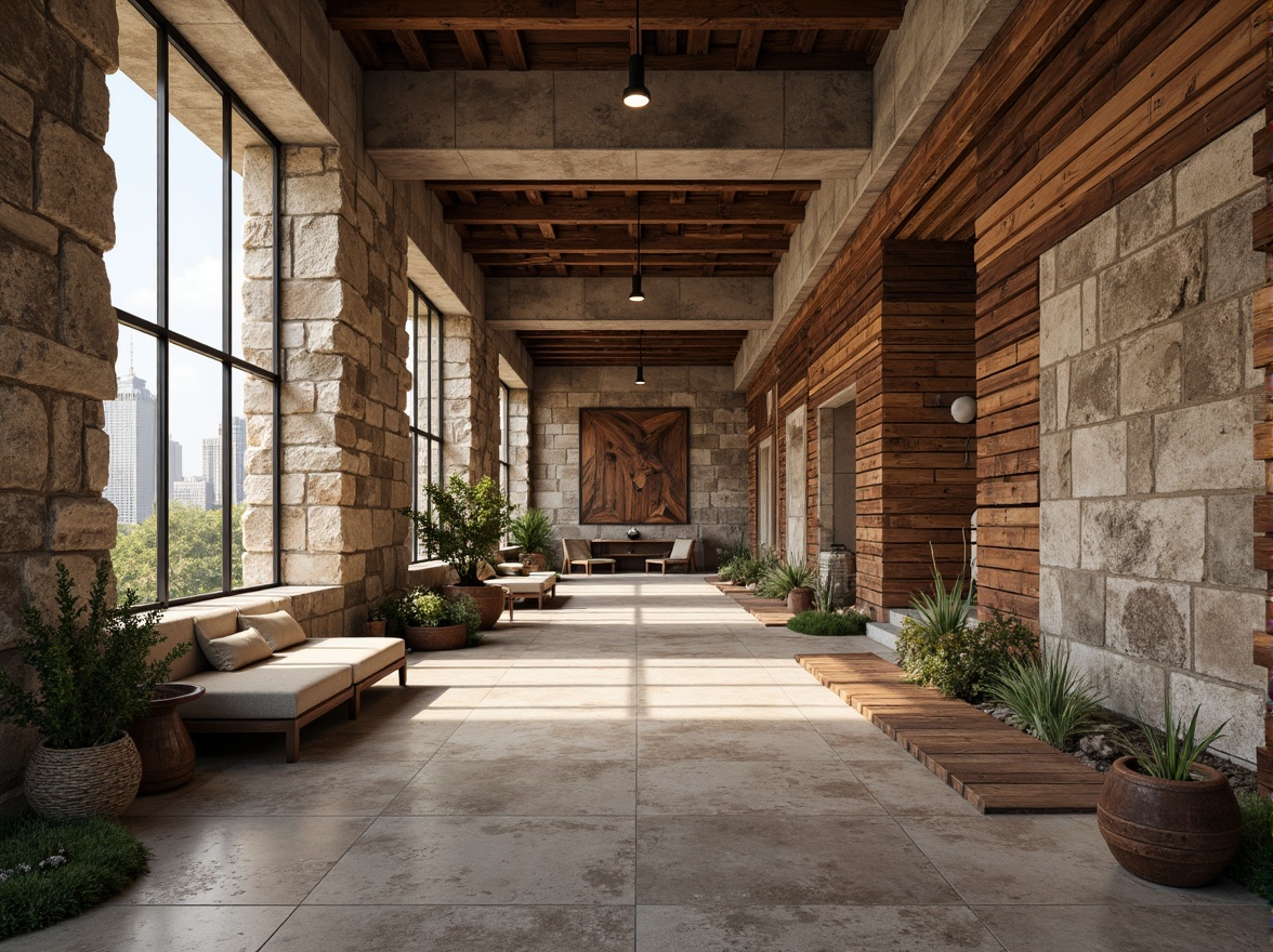 Prompt: Rough stone walls, rustic brick facades, wooden accents, natural wood grain, earthy tones, organic forms, irregular shapes, tactile experiences, 3D modeling, realistic renderings, ambient occlusion, soft warm lighting, shallow depth of field, 2/3 composition, modern architecture, sustainable design, eco-friendly materials, green roofs, living walls, urban landscapes, city skylines, industrial heritage, converted warehouses.