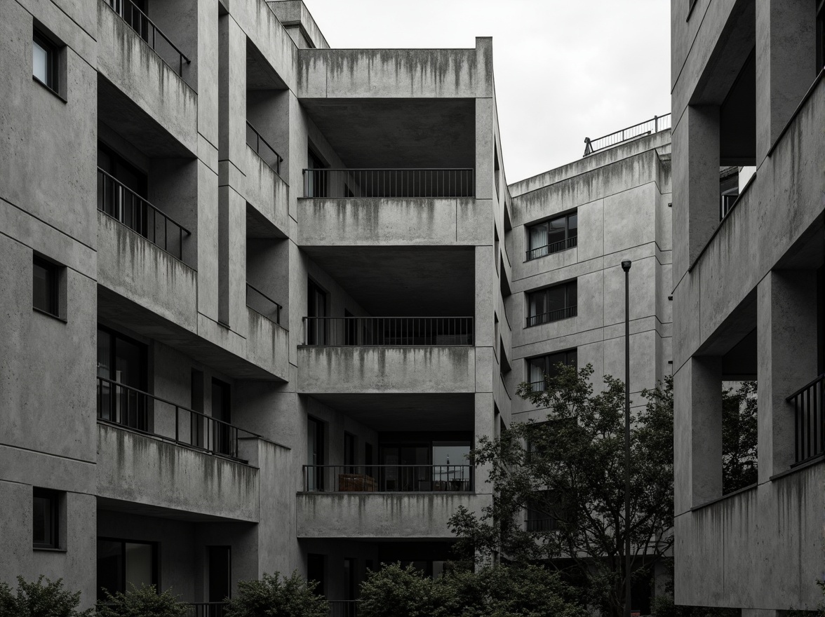 Prompt: Exposed concrete walls, rugged textures, industrial pipes, raw steel beams, minimalist balconies, brutalist architecture, urban cityscape, gloomy overcast sky, dramatic shadows, high-contrast lighting, bold geometric forms, functional simplicity, distressed finishes, poured-in-place concrete, cold monochromatic color palette, 1/1 composition, low-angle shot, cinematic atmosphere, gritty realistic textures.