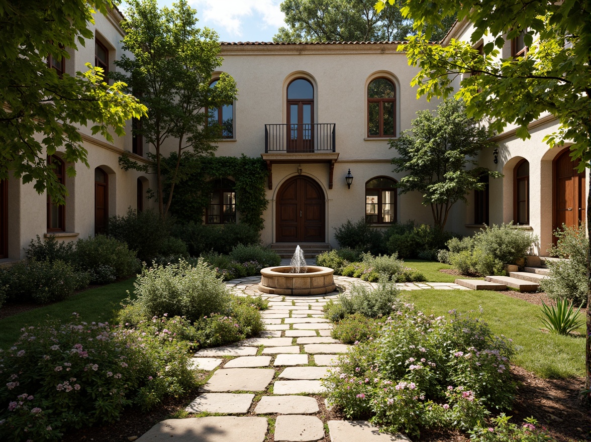 Prompt: Rustic courtyard, lush greenery, meandering stone pathways, ornate fountains, vibrant flowerbeds, climbing vines, ancient tree species, weathered stone walls, arched windows, heavy wooden doors, intricate carvings, warm earthy tones, soft diffused lighting, shallow depth of field, 2/3 composition, symmetrical framing, realistic textures, ambient occlusion.