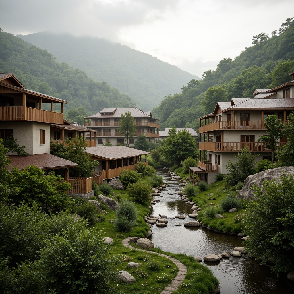 Prompt: Rustic village, rolling hills, lush greenery, meandering streams, traditional vernacular architecture, earthy tones, natural stone walls, wooden accents, curved lines, organic forms, blending with surroundings, seamless integration, harmonious coexistence, soft warm lighting, misty atmosphere, shallow depth of field, 1/1 composition, realistic textures, ambient occlusion.