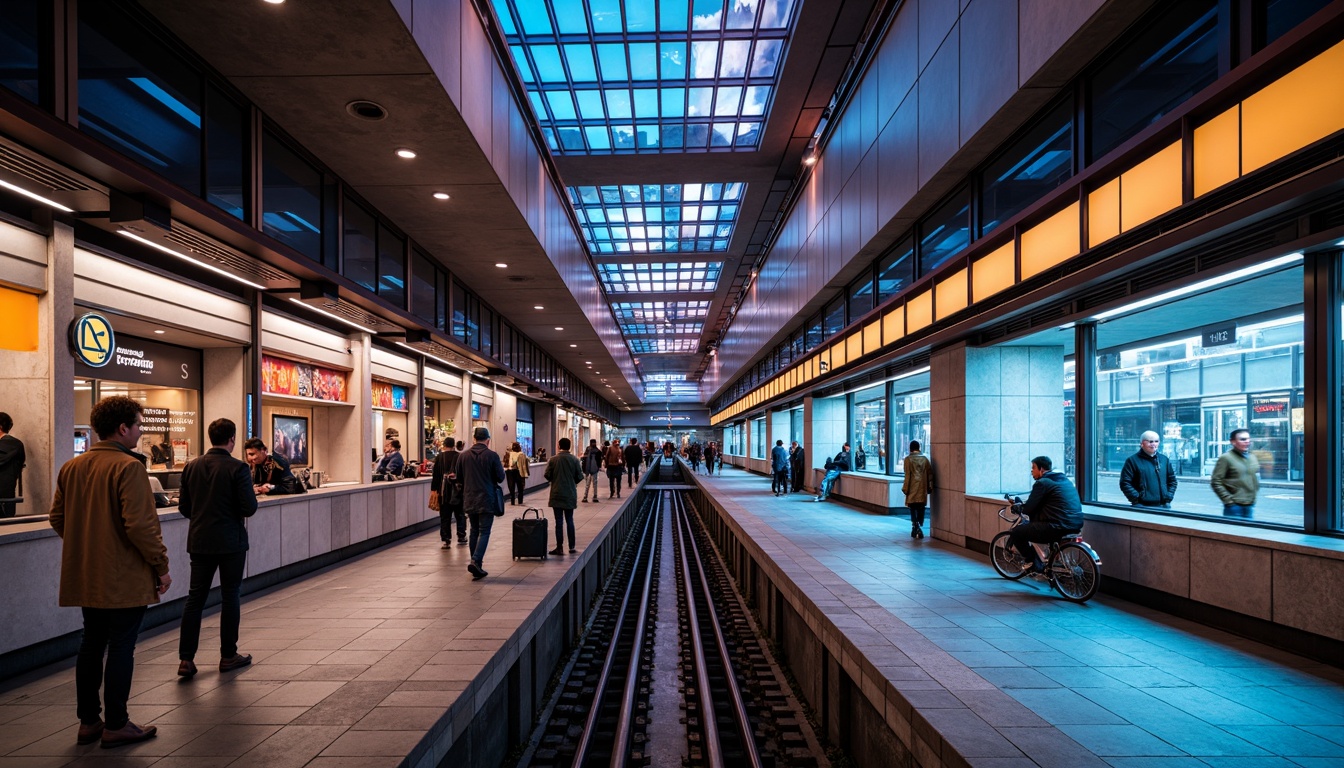 Prompt: Modern metro station, sleek architecture, futuristic design, LED light installations, dynamic color schemes, ambient occlusion, soft warm lighting, shallow depth of field, 3/4 composition, panoramic view, realistic textures, urban cityscape, bustling atmosphere, rush hour crowds, concrete platforms, stainless steel handrails, glass ceilings, intricate tile work, vibrant neon signs, abstract geometric patterns, high-contrast lighting, dramatic shadows, cinematic mood.