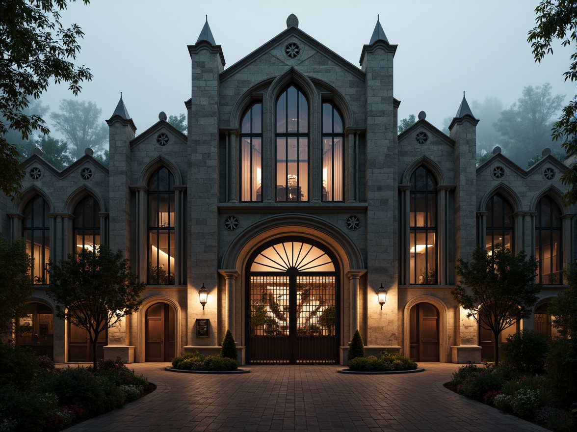 Prompt: Industrial factory building, Gothic-inspired facade, intricate stone carvings, pointed arches, ribbed vaults, flying buttresses, grand entrance gates, ornate metalwork, stained glass windows, dramatic verticality, imposing scale, mysterious ambiance, foggy atmosphere, warm golden lighting, high contrast ratio, 1/2 composition, cinematic view, detailed textures, ambient occlusion.