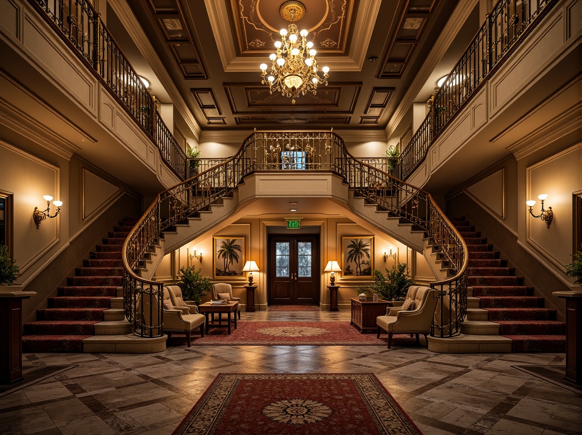 Prompt: Ornate balustrades, grandiose staircases, intricately carved stone railings, gilded metal banisters, ornamental scrollwork, lavish decorations, opulent furnishings, richly patterned rugs, majestic chandeliers, dramatic lighting effects, warm golden tones, highly detailed textures, shallow depth of field, 1/1 composition, realistic rendering.