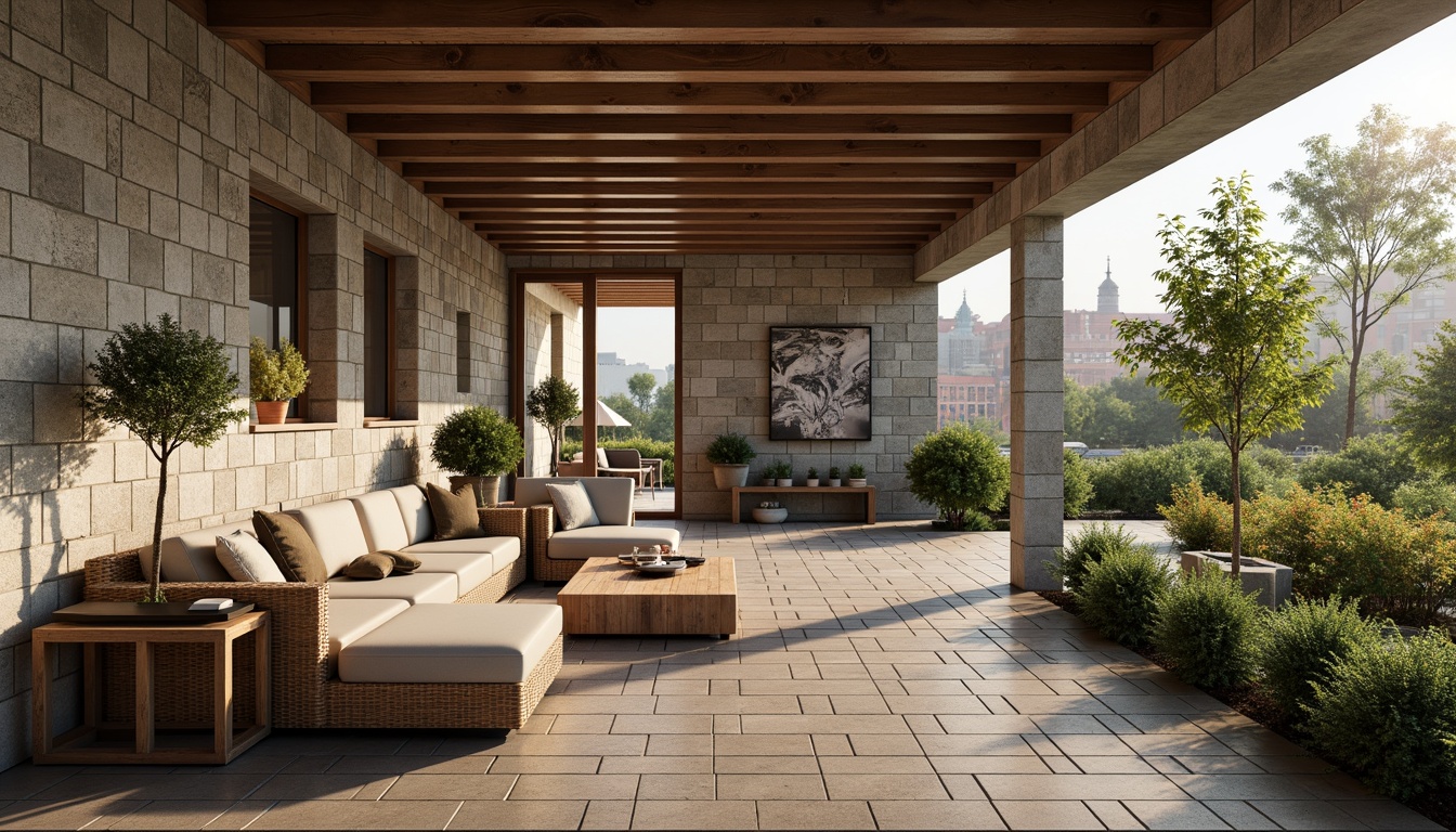 Prompt: Rough stone walls, rustic brick facades, wooden accents, natural wood grain, earthy tones, organic forms, irregular shapes, tactile experiences, 3D modeling, realistic renderings, ambient occlusion, soft warm lighting, shallow depth of field, 2/3 composition, modern architecture, sustainable design, eco-friendly materials, green roofs, living walls, urban landscapes, city skylines, industrial heritage, converted warehouses.