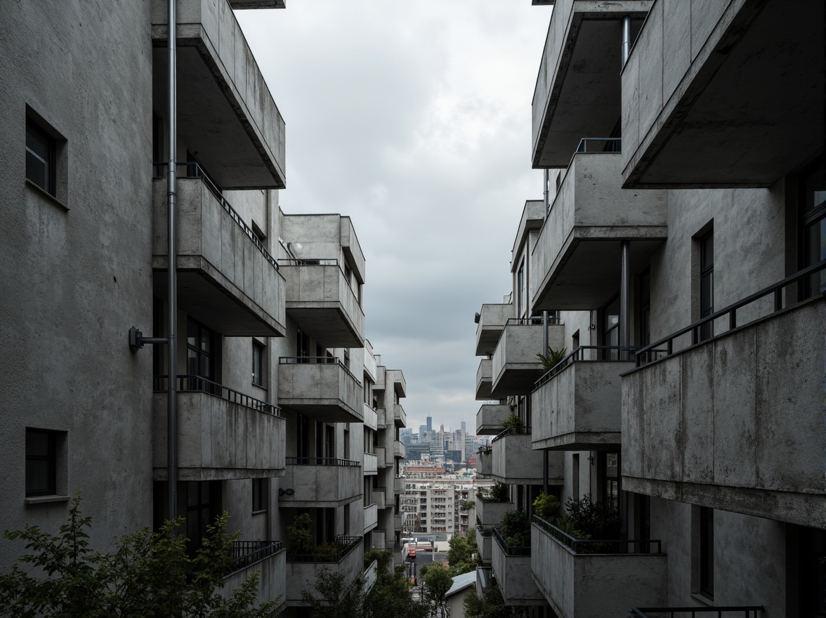 Prompt: Exposed concrete walls, rugged textures, industrial pipes, raw steel beams, minimalist balconies, brutalist architecture, urban cityscape, gloomy overcast sky, dramatic shadows, high-contrast lighting, bold geometric forms, functional simplicity, distressed finishes, poured-in-place concrete, cold monochromatic color palette, 1/1 composition, low-angle shot, cinematic atmosphere, gritty realistic textures.