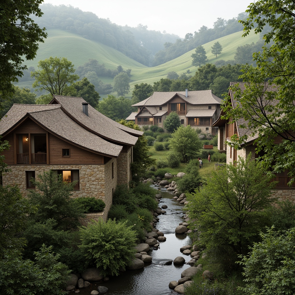 Prompt: Rustic village, rolling hills, lush greenery, meandering streams, traditional vernacular architecture, earthy tones, natural stone walls, wooden accents, curved lines, organic forms, blending with surroundings, seamless integration, harmonious coexistence, soft warm lighting, misty atmosphere, shallow depth of field, 1/1 composition, realistic textures, ambient occlusion.