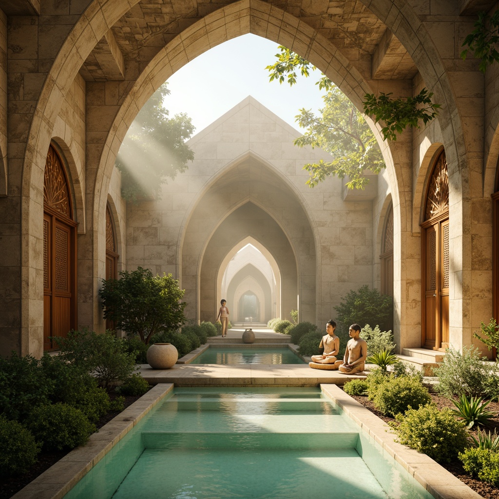 Prompt: \Ethereal temple, soft golden lighting, calming turquoise accents, natural stone walls, intricately carved wooden doors, serene water features, lush greenery, peaceful Buddha statues, minimalist decor, subtle aromas, warm beige tones, gentle archways, soft misty atmosphere, shallow depth of field, 1/1 composition, realistic textures, ambient occlusion.\