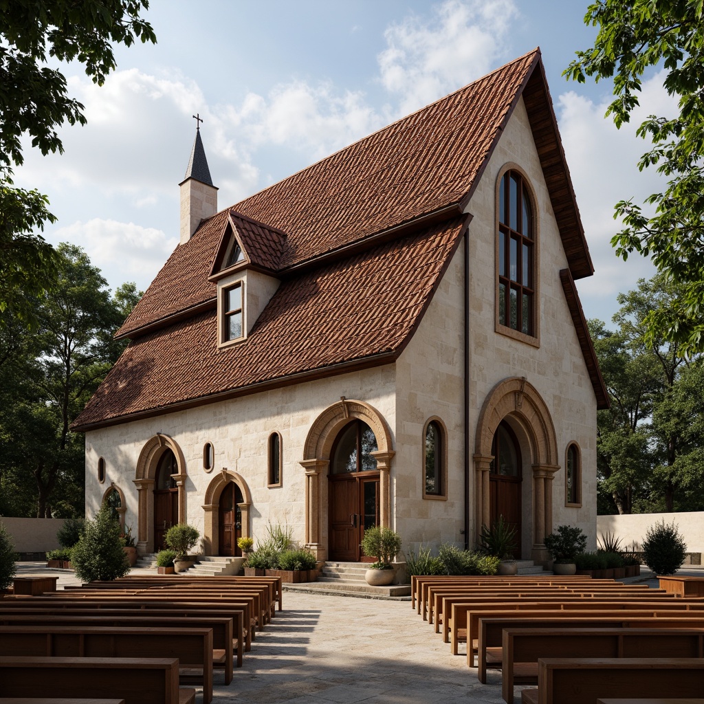 Prompt: Rustic church building, steeply pitched roof, terracotta tiles, ornate stone carvings, stained glass windows, wooden pews, vaulted ceilings, grand entrance doors, intricate stone facades, traditional vernacular style, earthy color palette, natural textures, warm ambient lighting, soft shadows, 1/2 composition, realistic render, detailed architectural elements.