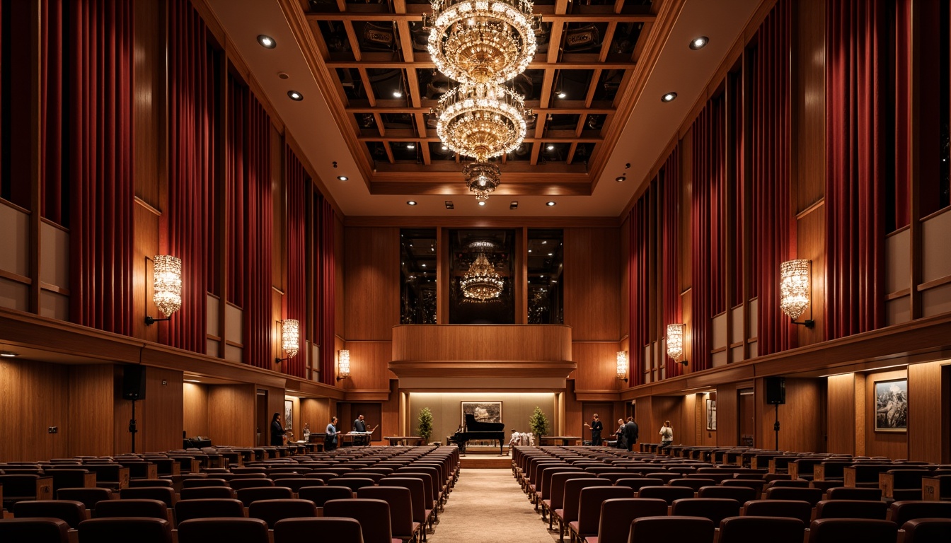 Prompt: Intimate concert hall, rich wood tones, velvet curtains, plush seating, ornate chandeliers, grand pianos, sound-absorbing panels, acoustic diffusers, resonant frequencies, precise speaker placement, optimized room dimensions, reflective surfaces, warm ambient lighting, shallow depth of field, 2/3 composition, realistic textures, subtle color palette.