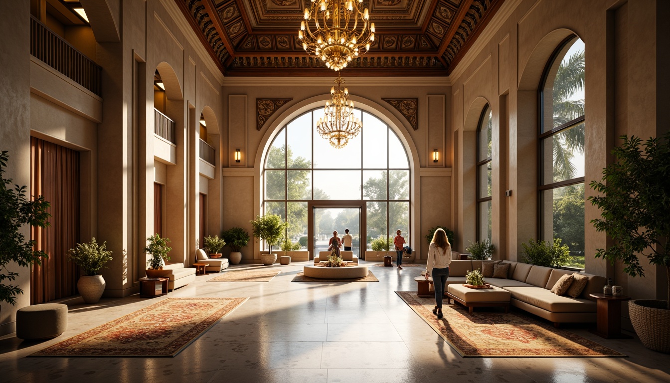 Prompt: Grand Byzantine hotel lobby, ornate chandeliers, marble floors, intricately patterned rugs, lavish furnishings, golden accents, high ceilings, large windows, natural light pouring in, warm ambiance, soft shadows, subtle color palette, elegant archways, refined columns, luxurious textiles, plush seating areas, tranquil atmosphere, morning sunlight, gentle glow, 1/1 composition, shallow depth of field, realistic textures, ambient occlusion.