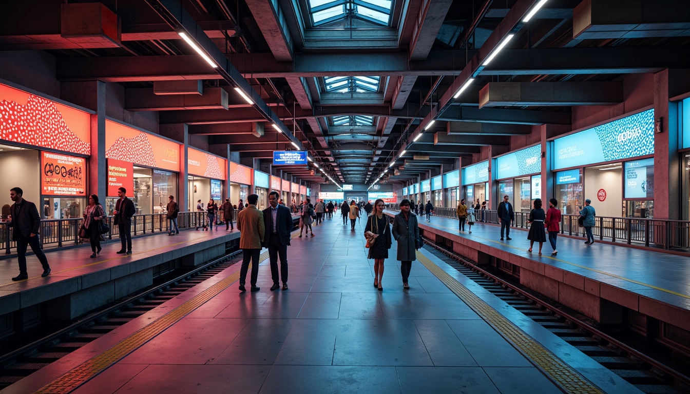 Prompt: Modern metro station, sleek architecture, futuristic design, LED light installations, dynamic color schemes, ambient occlusion, soft warm lighting, shallow depth of field, 3/4 composition, panoramic view, realistic textures, urban cityscape, bustling atmosphere, rush hour crowds, concrete platforms, stainless steel handrails, glass ceilings, intricate tile work, vibrant neon signs, abstract geometric patterns, high-contrast lighting, dramatic shadows, cinematic mood.