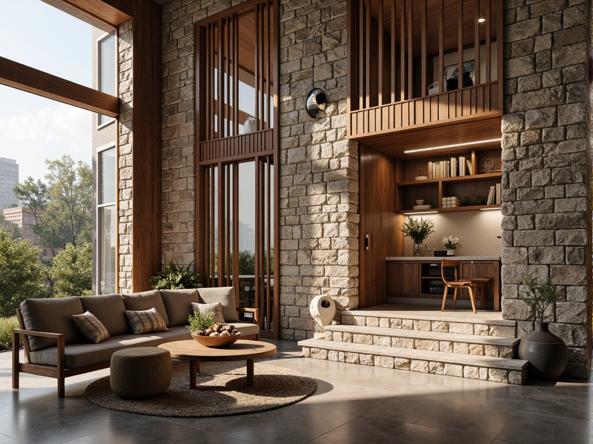 Prompt: Rough stone walls, rustic brick facades, wooden accents, natural wood grain, earthy tones, organic forms, irregular shapes, tactile experiences, 3D modeling, realistic renderings, ambient occlusion, soft warm lighting, shallow depth of field, 2/3 composition, modern architecture, sustainable design, eco-friendly materials, green roofs, living walls, urban landscapes, city skylines, industrial heritage, converted warehouses.