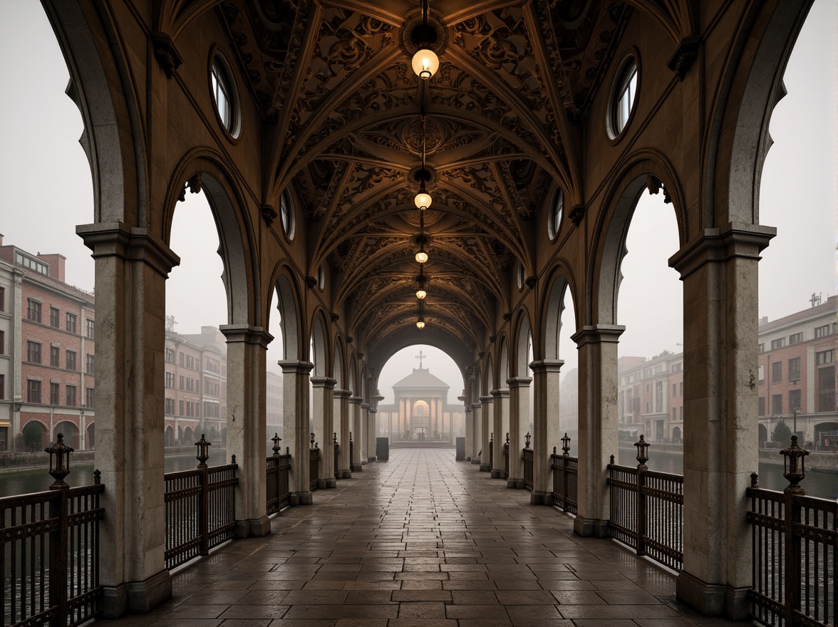 Prompt: Grand pedestrian bridge, Gothic archways, ornate stone carvings, ribbed vaults, pointed arches, flying buttresses, intricate tracery, stained glass windows, majestic piers, weathered bronze railings, mystical lanterns, misty atmosphere, soft warm lighting, shallow depth of field, 3/4 composition, panoramic view, realistic textures, ambient occlusion.