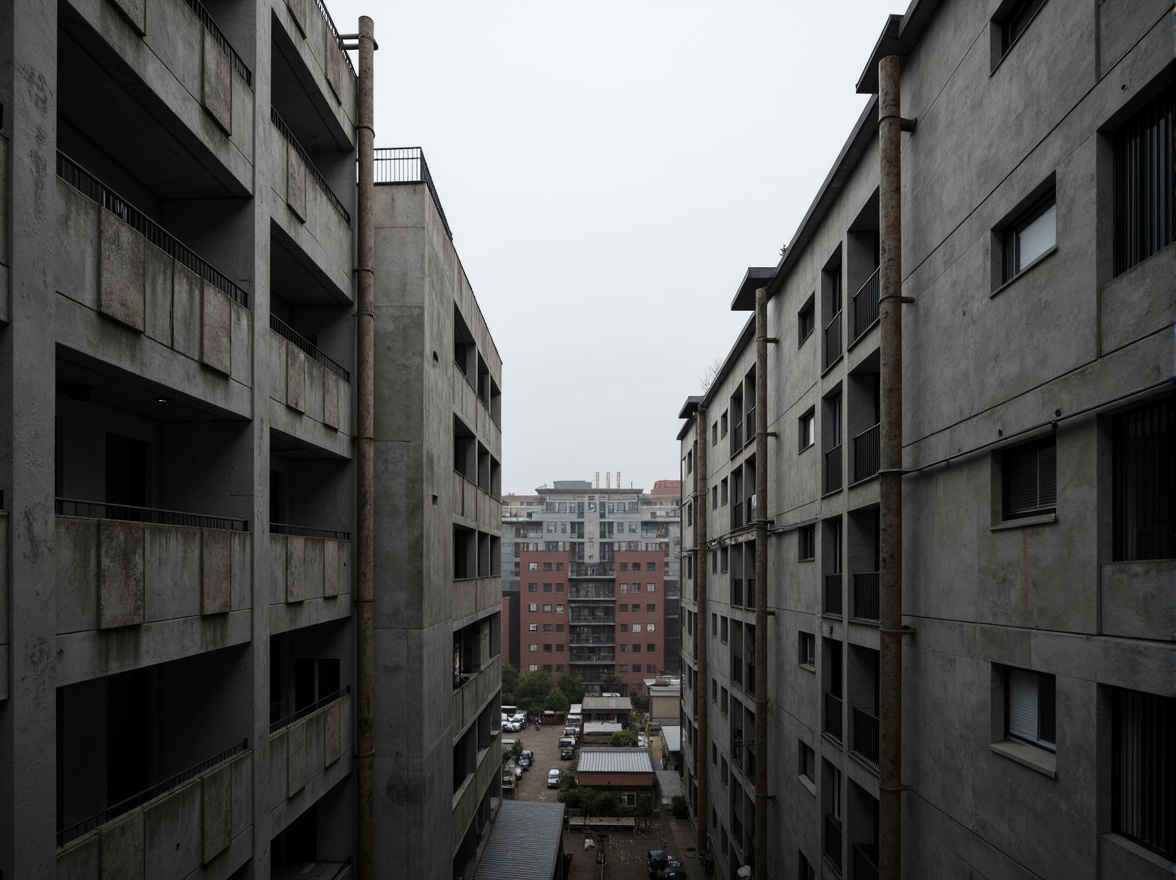 Prompt: Exposed concrete walls, rugged textures, industrial pipes, raw steel beams, minimalist balconies, brutalist architecture, urban cityscape, gloomy overcast sky, dramatic shadows, high-contrast lighting, bold geometric forms, functional simplicity, distressed finishes, poured-in-place concrete, cold monochromatic color palette, 1/1 composition, low-angle shot, cinematic atmosphere, gritty realistic textures.