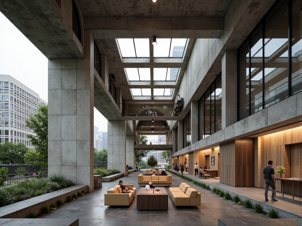 Prompt: Rugged community center, brutalist architecture, raw concrete walls, exposed ductwork, industrial metal beams, natural light pouring in, large skylights, clerestory windows, urban landscape views, gritty cityscape, overcast sky, soft diffused lighting, high contrast shadows, dramatic architectural angles, bold structural elements, minimalist interior design, functional simplicity, communal gathering spaces, reclaimed wood accents, earthy color palette, organic textures, 3/4 composition, cinematic framing, realistic render.