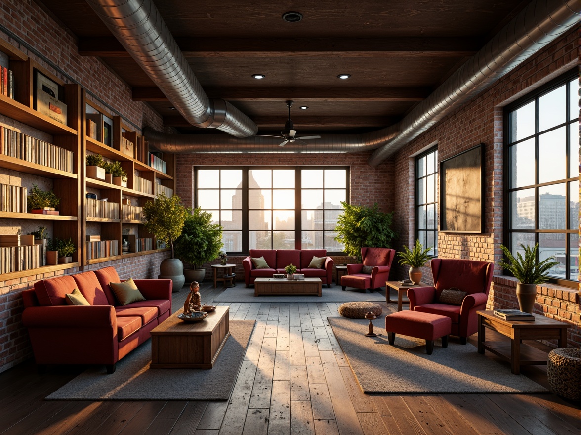 Prompt: Exposed brick walls, wooden beam ceilings, industrial metal pipes, reclaimed wood floors, vintage decorative items, soft warm lighting, cozy reading nooks, plush velvet sofas, distressed leather armchairs, eclectic art collections, floor-to-ceiling windows, cityscape views, minimalist decor, rustic-chic accents, natural textiles, earthy color palette, intimate ambiance, 1/1 composition, shallow depth of field, warm golden hour lighting, soft focus effect.