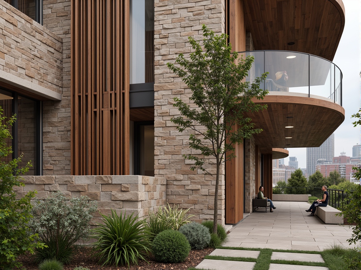 Prompt: Rough stone walls, rustic brick facades, wooden accents, natural wood grain, earthy tones, organic forms, irregular shapes, tactile experiences, 3D modeling, realistic renderings, ambient occlusion, soft warm lighting, shallow depth of field, 2/3 composition, modern architecture, sustainable design, eco-friendly materials, green roofs, living walls, urban landscapes, city skylines, industrial heritage, converted warehouses.